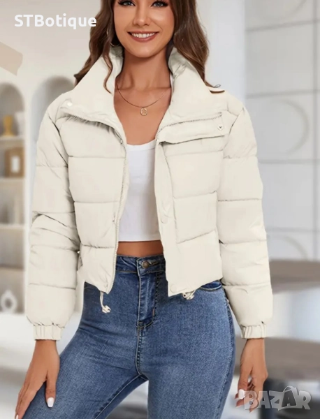 🌟 Елегантно дамско зимно яке ST Boutique – Бяло, Късо, С Изправен Яка ❄️🤍, снимка 1