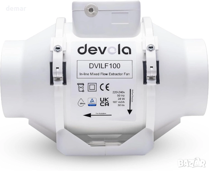 Devola 100 мм вграден вентилатор за смесен поток, за кухня, баня - DVILF100, снимка 1