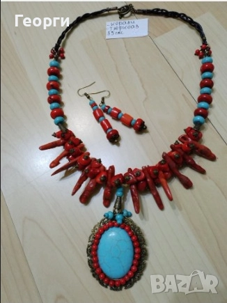 Ръчно изработена дамска огърлица, корал и тюркоаз, снимка 1