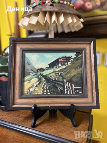 Маслена картина върху фазер  Изобразяваща живописен планински пейзаж с  къщи, снимка 2 - Картини - 52150317