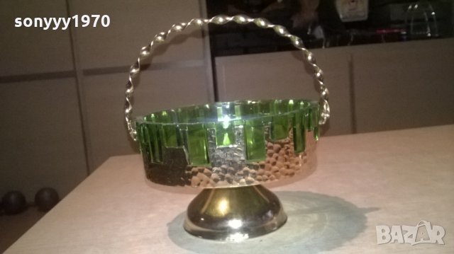 АНТИКА-бонбониера-зелено стъкло/мед месинг-18х18см, снимка 3 - Антикварни и старинни предмети - 26705978