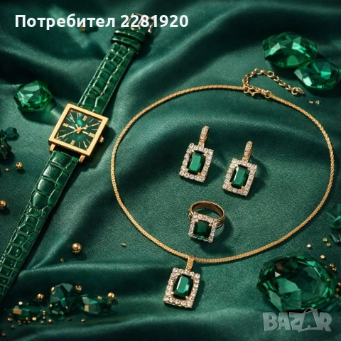 Елегантен комплект часовник и бижута с зелени кристали и златист корпус, снимка 3 - Бижутерийни комплекти - 52849113