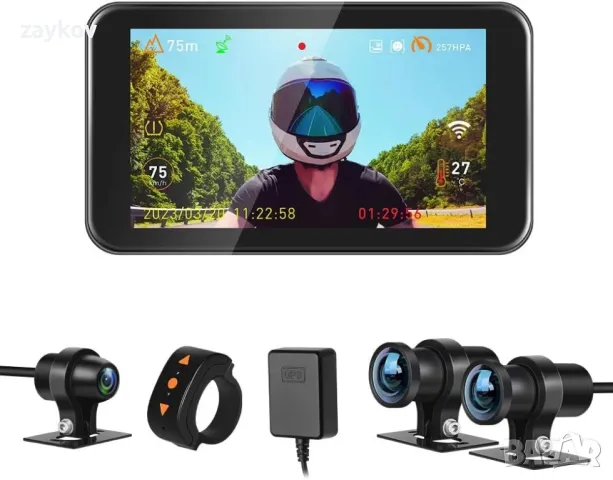 VSYSTO WiFi мотоциклетна камера, водоустойчив 4,5-инчов екран GPS HD 1080P WDR 170° широкоъгълни