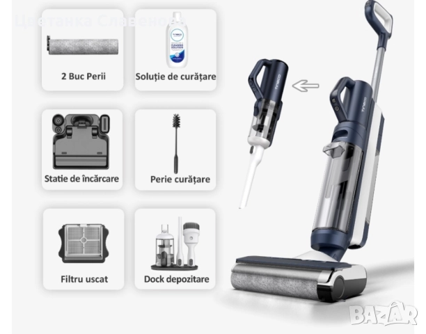 Вертикална прахосмукачка Tineco Floor One S5 Combo Plus, 22 W, 21.6 V, 0.45 L, Wi-Fi, Син, снимка 2 - Прахосмукачки - 52467232