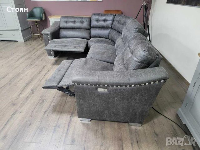 Кафяв ъглов диван от плат La-z-boy с електрически релаксиращ механизъм, снимка 6 - Дивани и мека мебел - 43285628