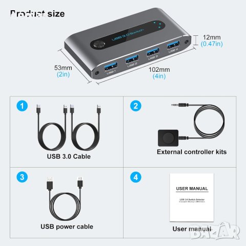 USB 3.0 превключвател 2 входа - 4 изхода, поддържа 2 компютъра, споделят 4 USB порта, снимка 7 - Кабели и адаптери - 43186371
