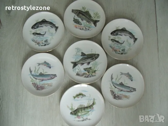 № 7964 стари японски порцеланови чинии - 7 броя   - SAITO JAPAN  - илюстрации - риби  