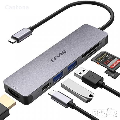 LEVIN USB C Hub 7 в 1 USB-C към 4K HDM, 2 USB 3.0, SD/TF четец на карти, Type C PD - 100W