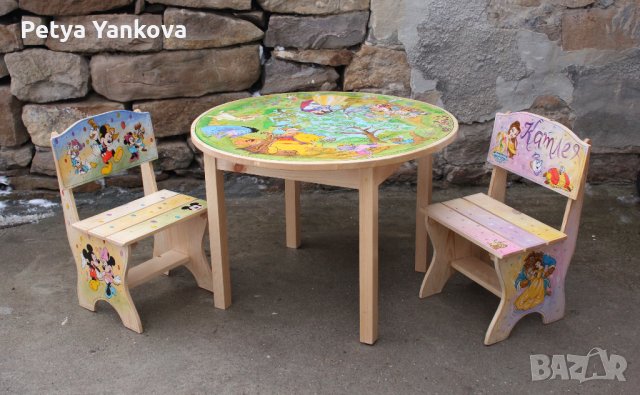 детска дървена рисувана маса с 2 стола, снимка 5 - Мебели за детската стая - 19579536