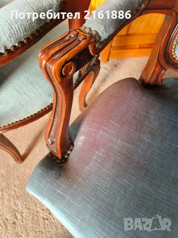 Дъбово кресло с дърворезба и плюшена дамаска , снимка 7 - Дивани и мека мебел - 53118174