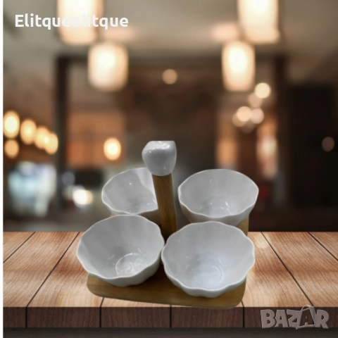 Елегантен комплект от 4 керамични купички с дървена стойка, снимка 3 - Други - 49792541