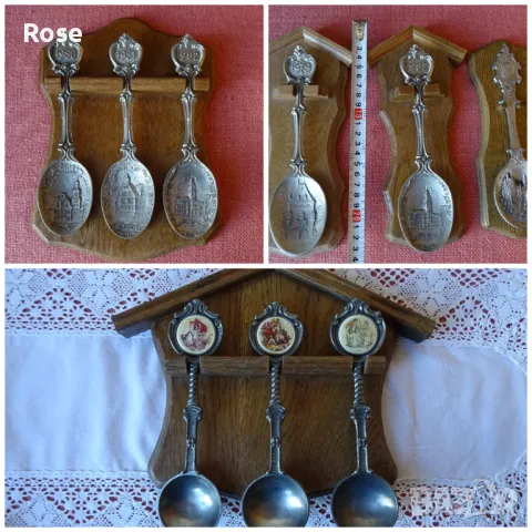 Винтидж калаени лъжици  Zinn Germany върху дървена поставка.