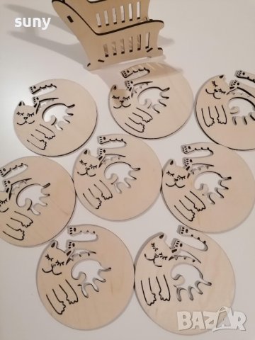 Дървени подложки за чаши коте 8 бр с поставка, снимка 4 - Чаши - 40172403