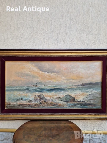 Маринизъм авторска масло платно картина голяма , снимка 3 - Антикварни и старинни предмети - 51179438