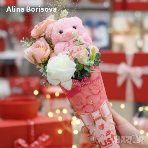 Декоративен подаръчен букет с плюшено мече и изкуствени цветя, снимка 2 - Други услуги - 53211745