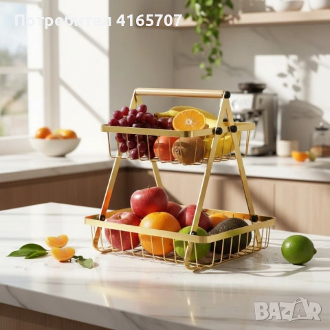 Двуетажна метална поставка за плодове Cheffinger – златист дизайн, компактна и стабилна, снимка 4 - Аксесоари за кухня - 53232030
