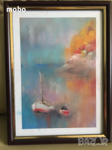 Картина "Лодки "-  техника  пастелни бои, снимка 2 - Картини - 50973241