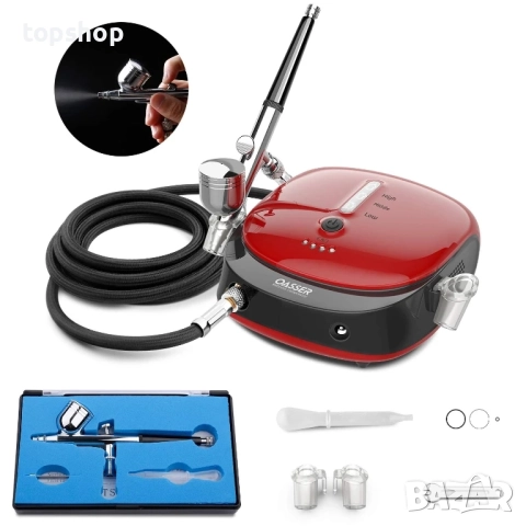 Комплект за аерограф Oasser, компресор, ръчен с двойно действие, литиева батерия, авто спиране с LED