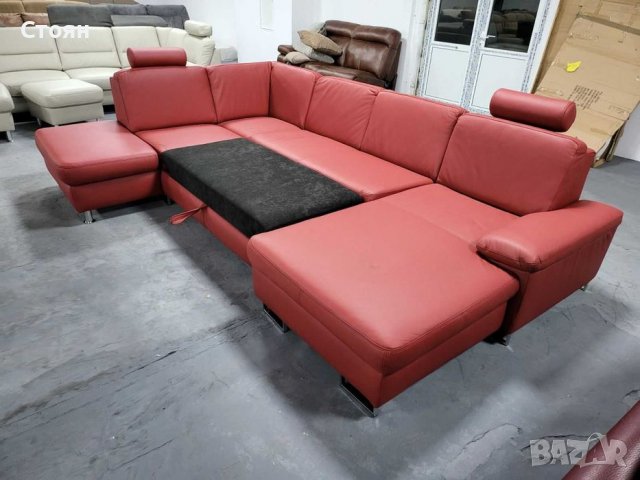 Червен кожен ъглов диван П форма с функция сън "CARO", снимка 7 - Дивани и мека мебел - 39688800