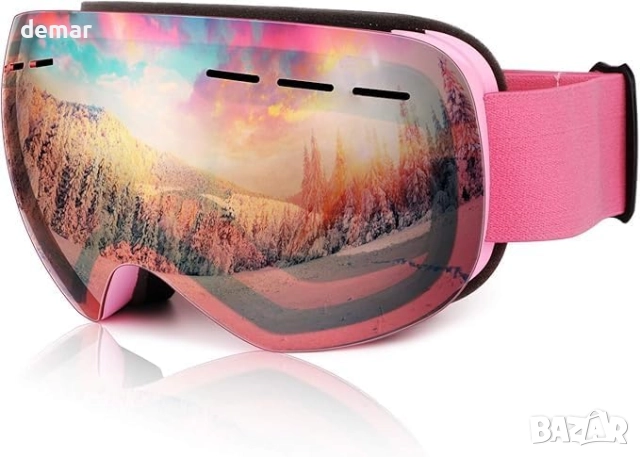 Очила за ски и сноуборд - UV защита, против замъгляване - OTG, розова рамка - светлорозови лещи