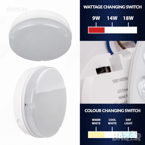 Кръгла LED лампа Bright Source за стена и таван, бяла, превключваща мощност 9W 14W 18W, IP65, снимка 4 - Лед осветление - 50583096