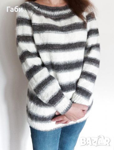 Страхотен ръчно плетен пуловер в  черно, бяло и сиво, снимка 3 - Блузи с дълъг ръкав и пуловери - 26679239