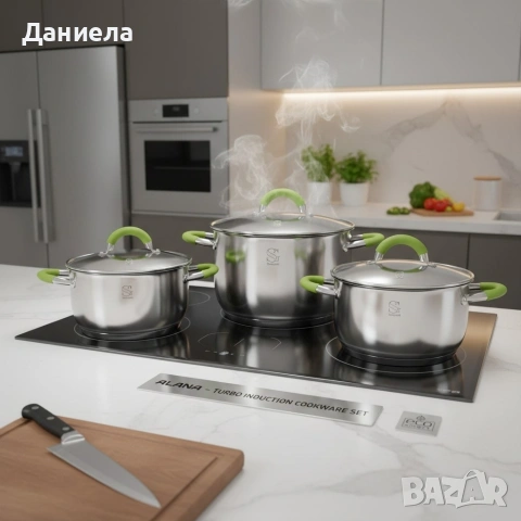 Комплект тенджери Swissgold Alana – 3 броя с капак от неръждаема стомана с 5-слойно капсулно дъно, снимка 2 - Съдове за готвене - 53049089