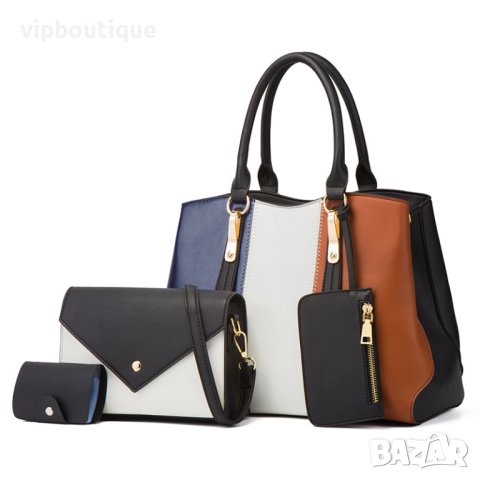 Шарена трицветна кожена дамска чанта комплект, снимка 1 - Чанти - 43011241