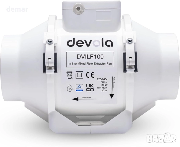Devola 100 мм вграден вентилатор за смесен поток, за кухня, баня - DVILF100