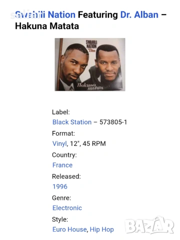 Swahili Nation Featuring Dr. Alban ‎– Hakuna Matata Maxi Single 12 Издание 🇫🇷 FRANCE 1996г Състоян, снимка 3 - Грамофонни плочи - 53458186