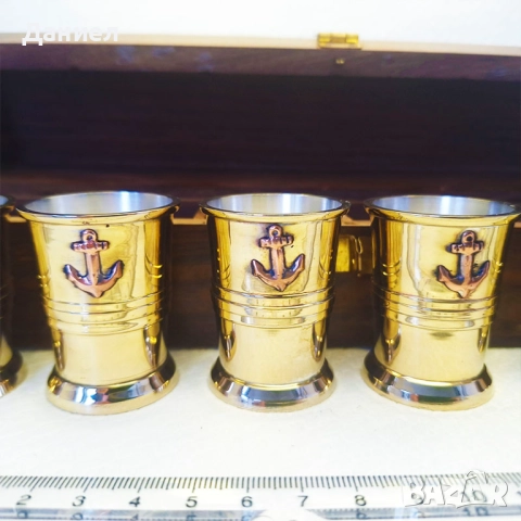 Чаши за шотове от бронз в дървена кутия, снимка 4 - Морски сувенири - 43839699
