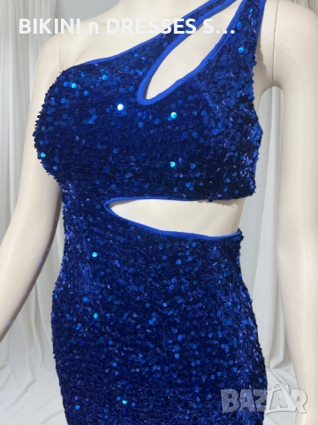 Синя рокля с пайети асиметрична едно рамо ХИТ, снимка 8 - Рокли - 39108658