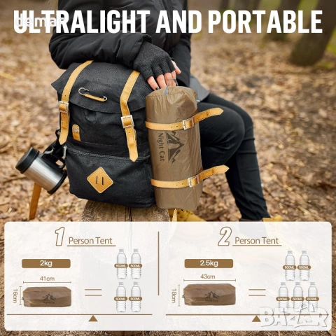 Палатка Night Cat за 1 човек, ултралека: Палатка за 1 човек, водоустойчива, снимка 3 - Палатки - 53425498