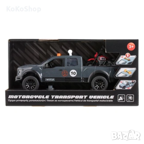 Пикап с мотор със звук и светлини/Пикап превозващ  мотоциклет, снимка 3 - Коли, камиони, мотори, писти - 53055919