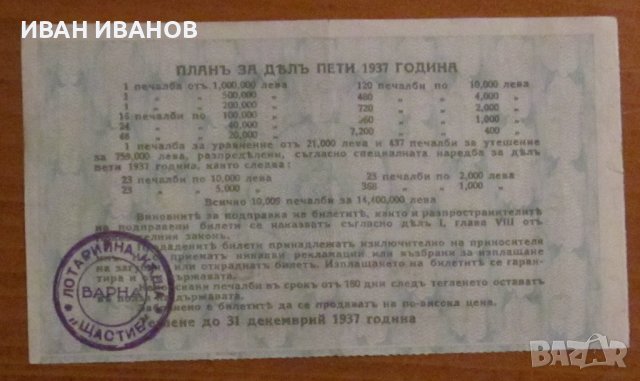 Царство България - Лотариен билет 25 лв. 1937 г. дял 5, снимка 2 - Антикварни и старинни предмети - 43370580