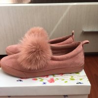 Дамски равни обувки от розов велур с естествен пух, снимка 2 - Дамски ежедневни обувки - 26790195