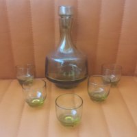 Ракиен комплект от бутилка с тапа, 5 чашки от зелено стъкло, снимка 10 - Чаши - 33174248