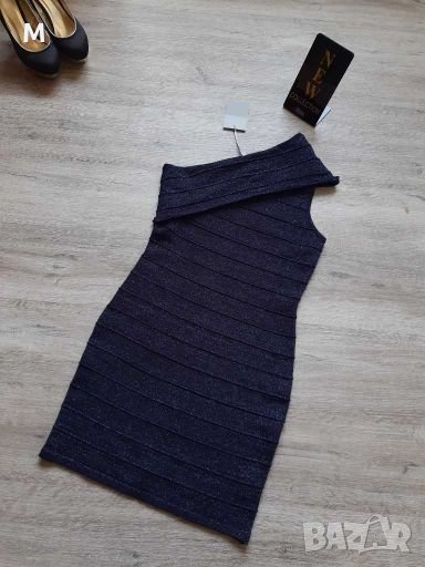 Нова колекция рокля в тъмно син цвят с брокат и едно рамо на намаление, снимка 1