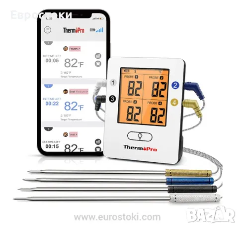 Bluetooth термометър за барбекю с 4 сонди ThermoPro TP25, безжичен интелигентен цифров термометър , снимка 1