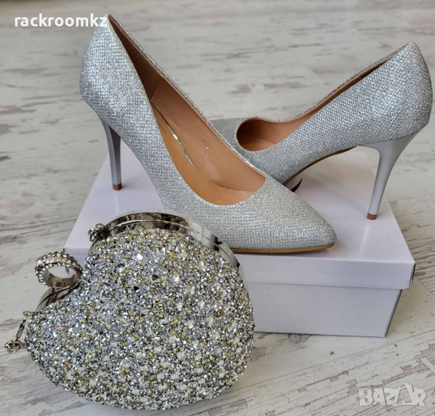 Сребристи елегантни обувки на висок ток, снимка 1