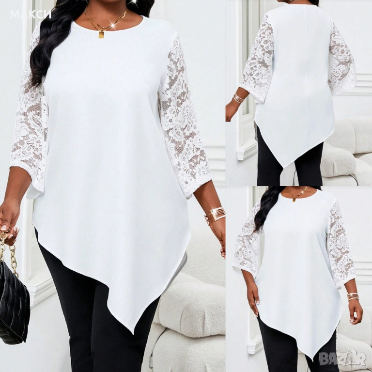 Макси красива елегантна ефирна А-симетрична дълга туника с клоширани еластични дантелени ръкави в сн, снимка 1