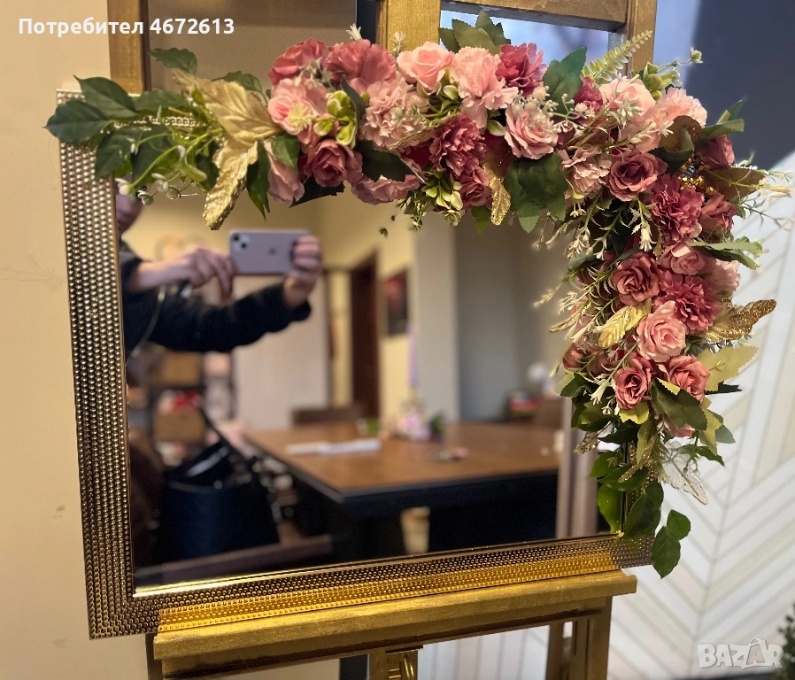 Подари златно огледало с цветя в розови нюанси, снимка 1
