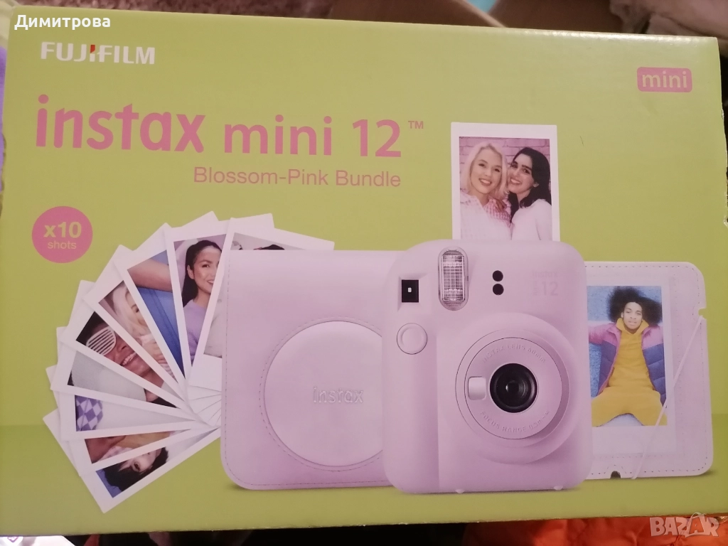 Комплект фотоапарат за моментално снимане Fujifilm Instax Mini 12, розов, с 10 филма, Premium калъф , снимка 1