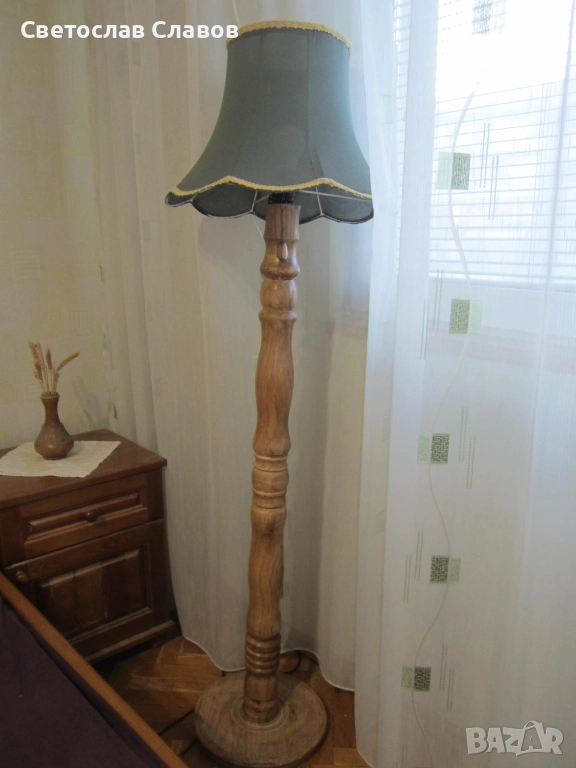 Висок лампион със стойка от дъб красива зелена шапка - 3, снимка 1