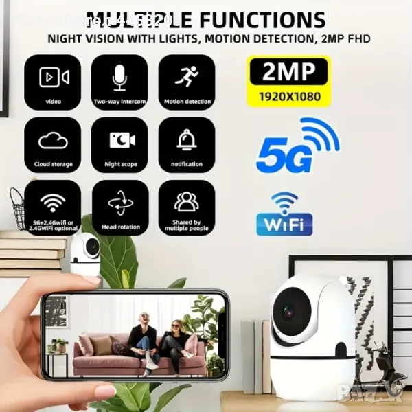 Вътрешна PTZ Камера за Видео наблюдение, бейбифон с WiFi Безжична Връзка, 2MP 1080p FullHD , снимка 1