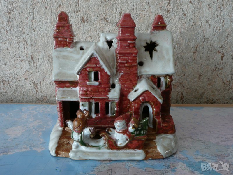 Керамична къща къщичка Коледна украса декорация Зимна приказка свещник, снимка 1