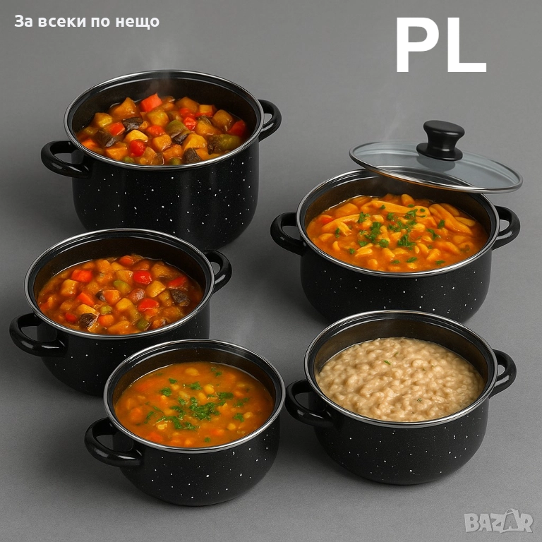 Комплект 5 броя тенджери, със 5 бр стъклени капаци Висококачествена изработка Черни Код P1688, снимка 1