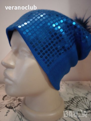 Синя шапка Сини пайети , снимка 2 - Шапки - 38657443