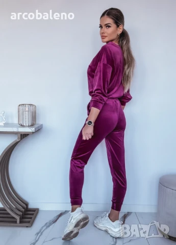 Дамски велурен комплект от две части, суитшърт + панталон с ластик, снимка 5 - Комплекти - 50663937