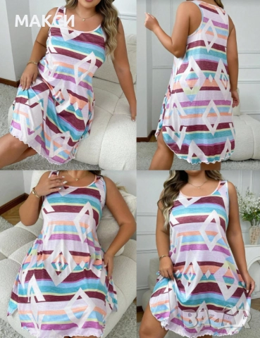 Макси модерна силно еластична рокля без ръкави в свеж многоцветен десен + оверлог краища+ мини стран